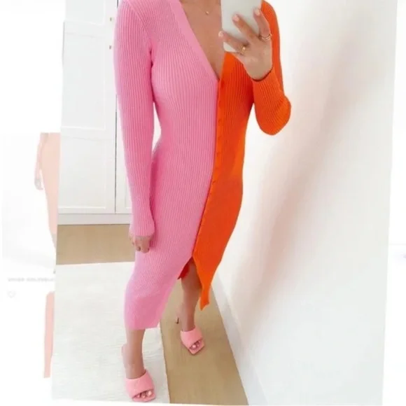 STAUD Two-Tone Long Sleeve Dress in Pink and Orange - Picture 2 of 12